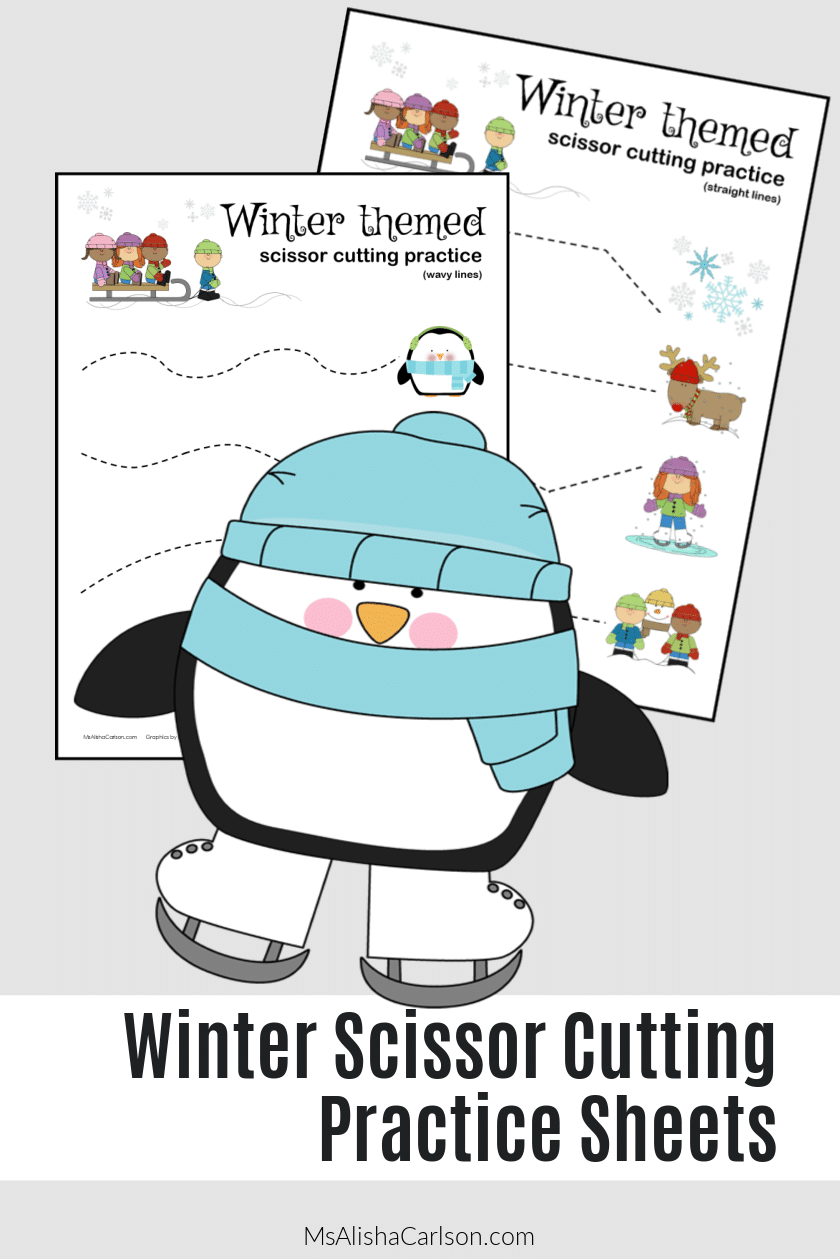 Pinnable Pinterest image of Winter Scissor Cutting Practice Sheets